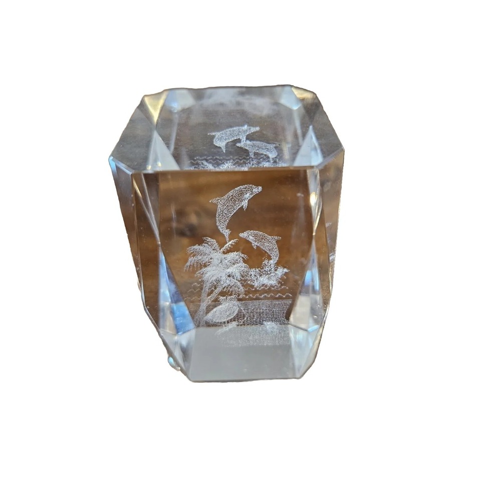 Crystal Clear Glass Cube Paperweight with 3-D Laser Etched Dolphins Beach 3 Inch